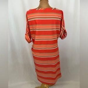 New York & Co. Coral Striped Dress With Ribbon Side Tie Short Sleeve